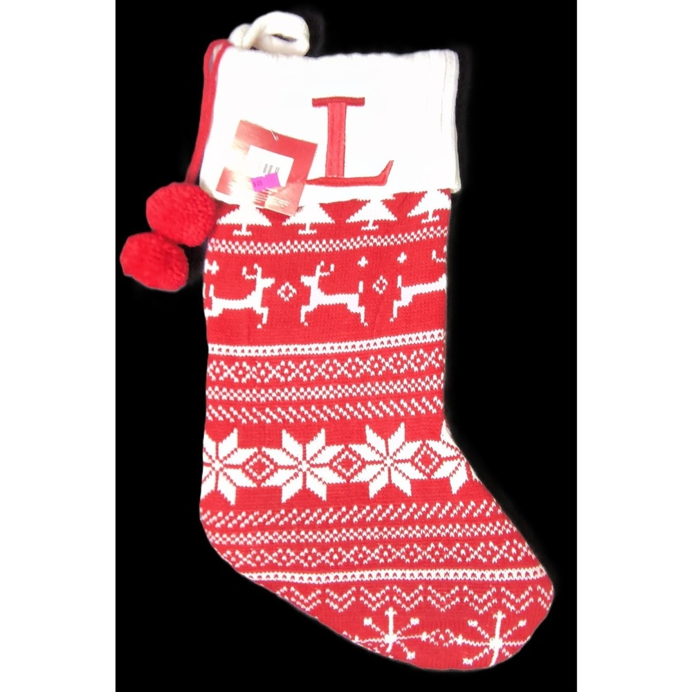 Christmas Stocking Knit, Embroidery Initial Letter L, 19" x‎ 8"